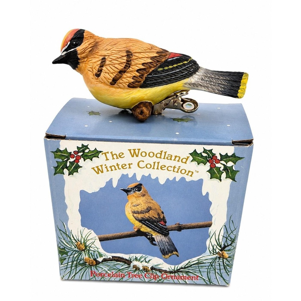 Vintage Russ Woodland Winter Cedar Waxwing Bird Tree Clip Ornament w/ Box 15292